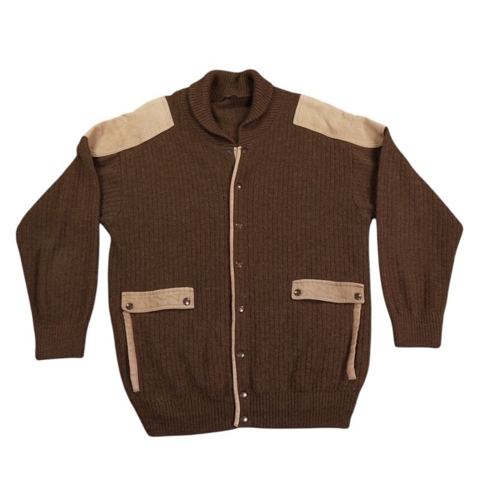 Italian Made Cardigan Sweater Men L - 44 Brown Shawl Collar Elbow Patch Military